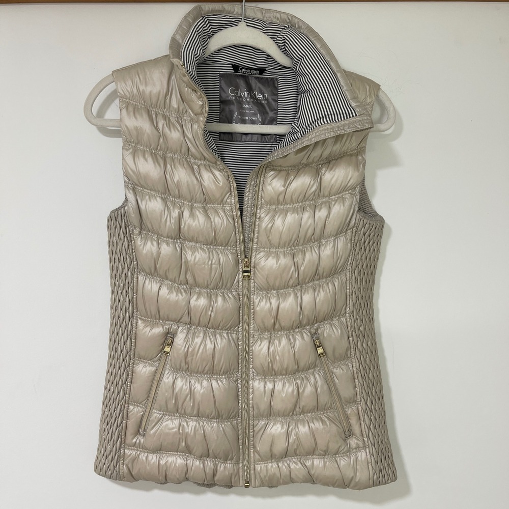 Calvin Klein Performance Puffer Vest Women Small Champagne Metallic Down Quilted